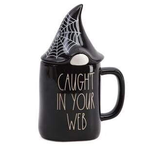 Rae Dunn CAUGHT IN YOUR WEB Figural Mug with Gnome Topper Black Halloween Fall